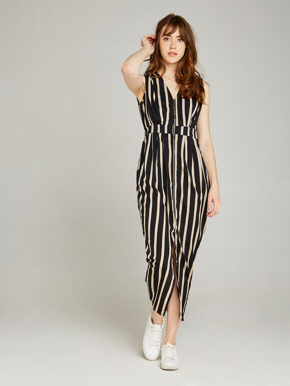 Black Stripe Crepe Maxi Dress, Black, large