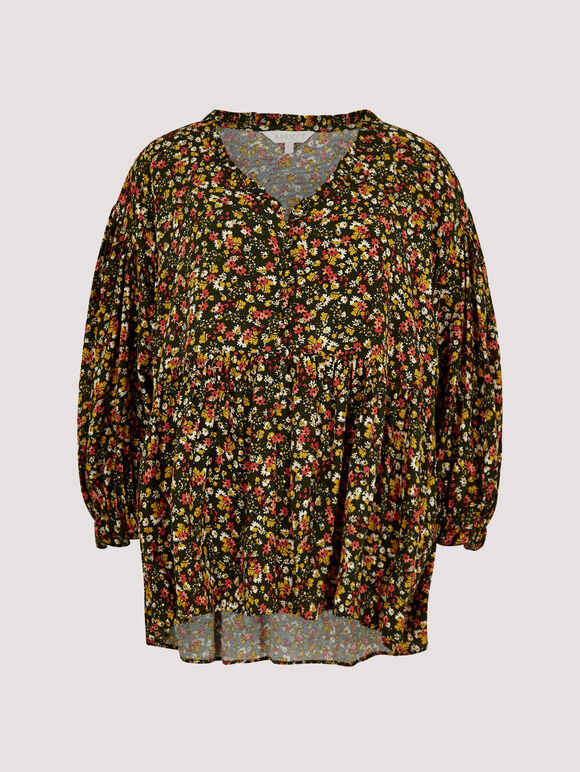 Oversized Ditsy Floral Top, Khaki, large