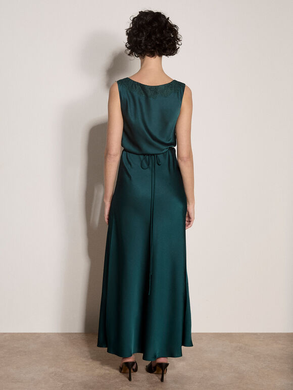 Satin Lace Maxi Dress, Green, large