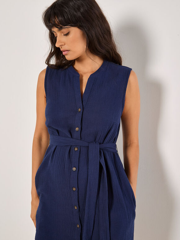 Textured Cotton Button Down Mini Dress, Navy, large