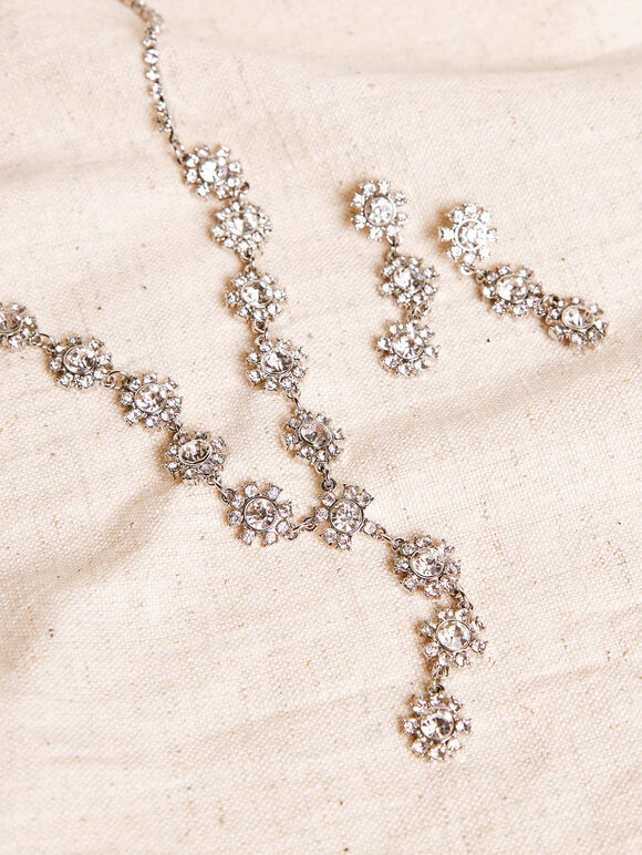 Diamonte Necklace & Earrings, Grey, large