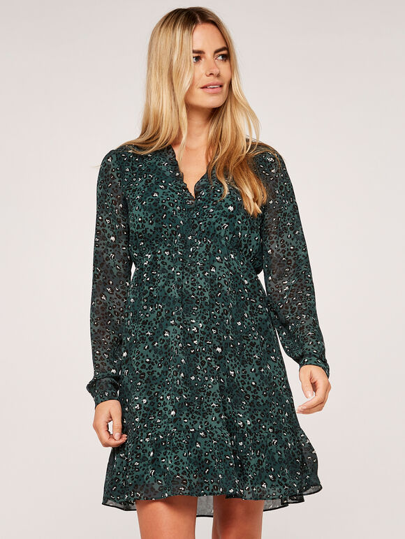 Leopard Drop Waist Ruffle Dress, Green, large