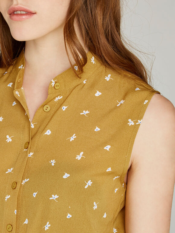 Yellow Floral Pleated Dress, Mustard, large