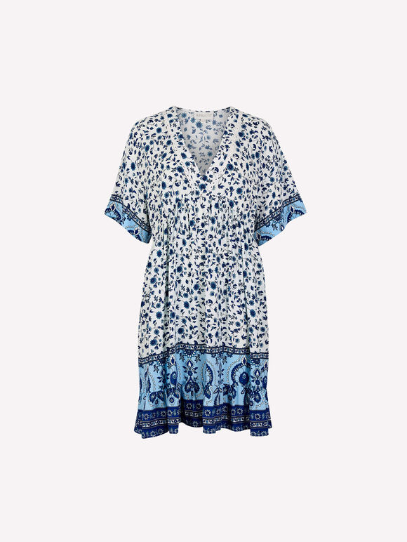 Sarasa Floral Smock Mini Dress, Blue, large