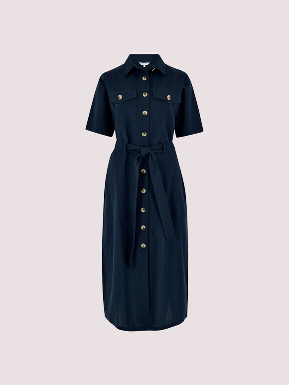 Linen Safari Midi Dress, Navy, large