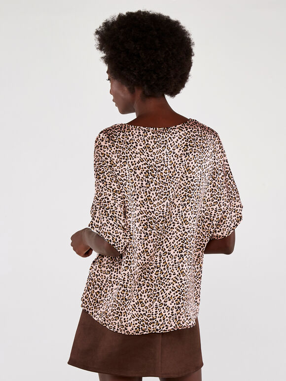 Leopard Oversized Tee Satin Top, Pink, large