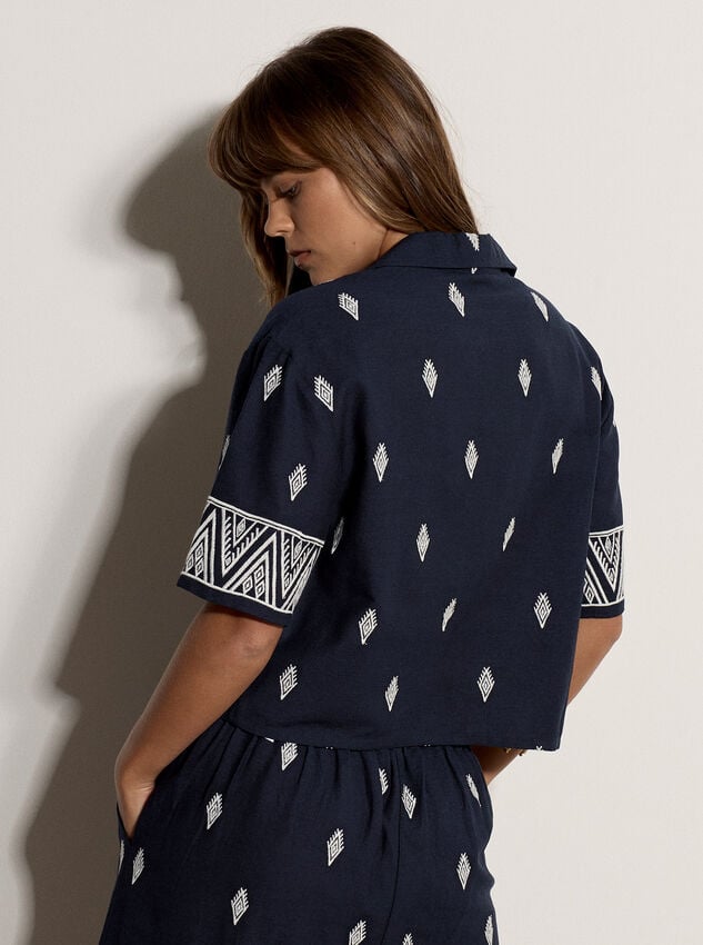 Cotton-Blend Embroidered Shirt, Navy, large