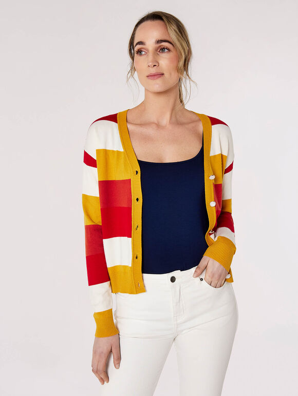 Knitted Multistripe Cardigan, Orange, large
