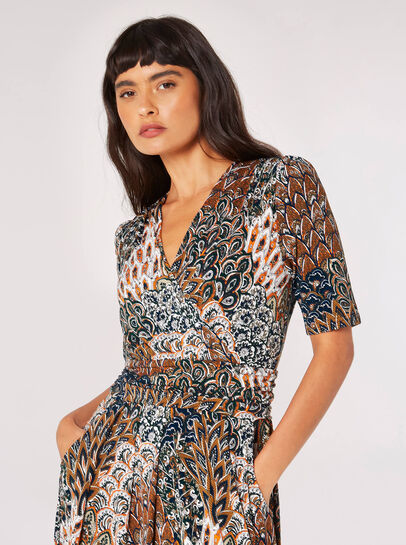 Feather Print Wrap Midi Dress