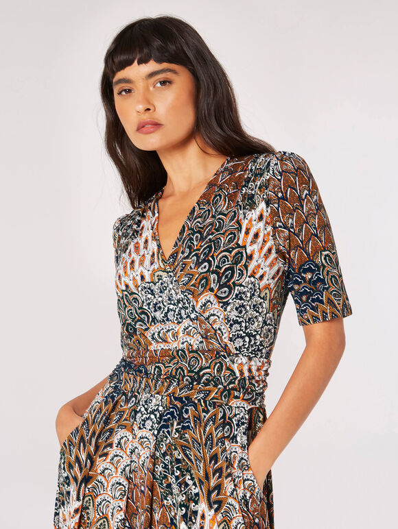 Feather Print Wrap Midi Dress, Green, large