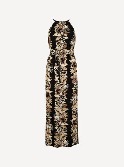 Tropical Leaf Halter Neck Maxi Dress