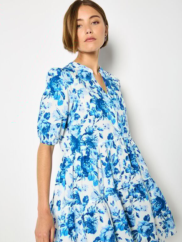 Floral Print Cotton Mini Dress, Blue, large