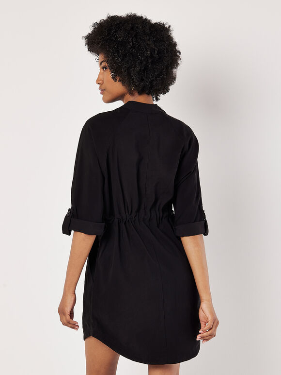 Drawstring Shirt Mini Dress, Black, large
