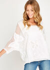 Cream Butterfly Embroidered Mesh Top, Cream, large