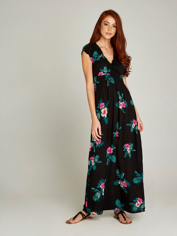 Fuchsia Tropical Smock Maxi Dress, Fuchsia, large