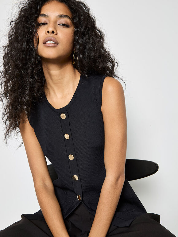 Ribbed Knit Waistcoat, Black, large