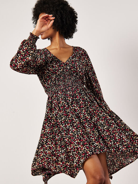 Ditsy Floral Smocked Mini Dress, Black, large