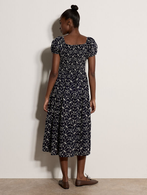 Floral Embroidered Tiered Midi Dress, Navy, large