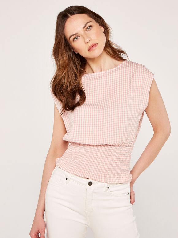 Gingham Shirred Crop Top, Pink, large