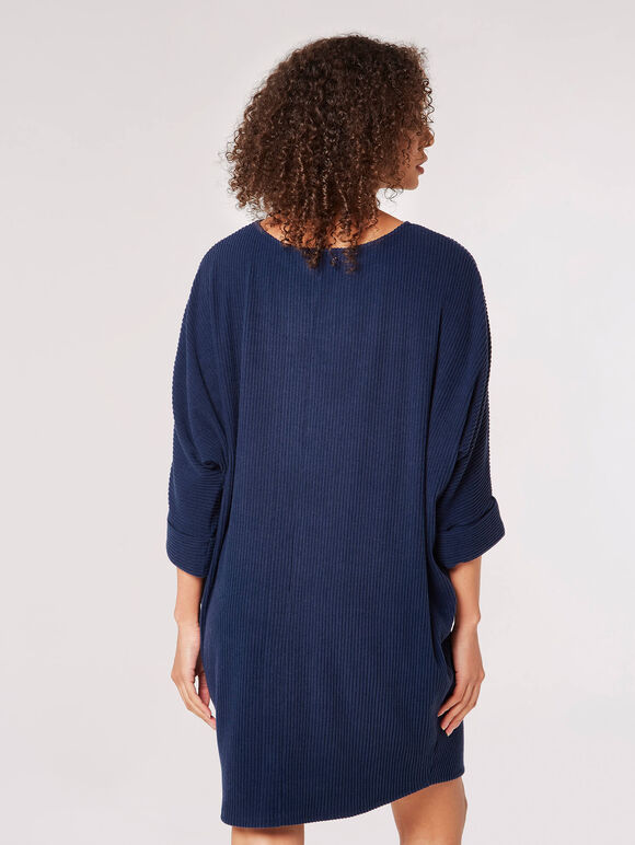 Ribbed Knit Cocoon Mini Dress, Navy, large