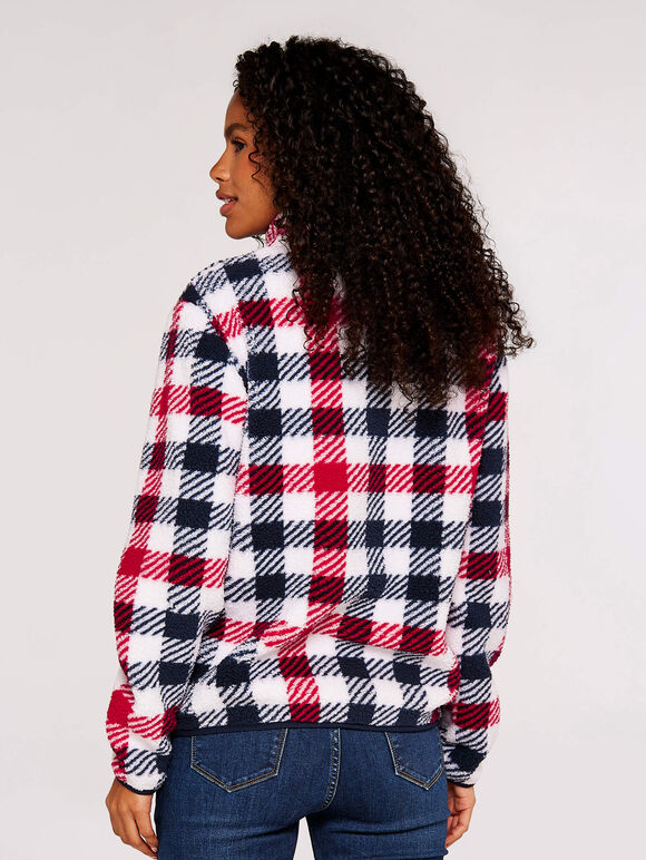 Graphic Check Zipped Fleece Jumper, Red, large