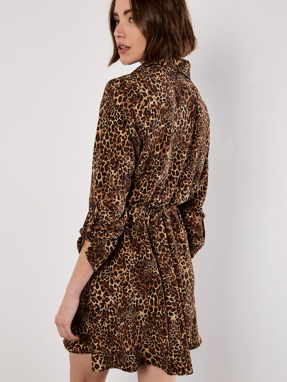 Animal Print Crepe Shirt Mini Dress, Brown, large