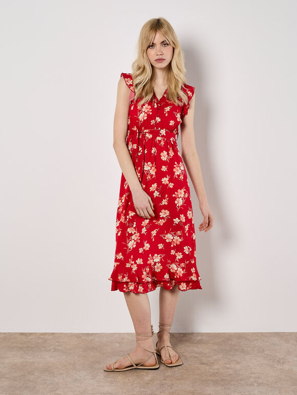 Painterly Floral Midi Dress, Red, large