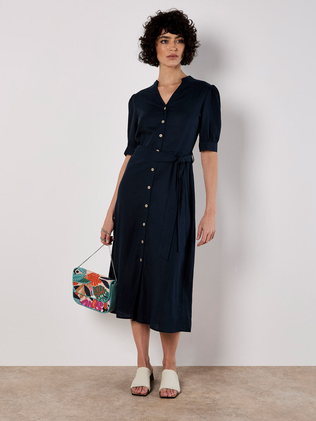Image of Button Down Linen Blend Midi Dress