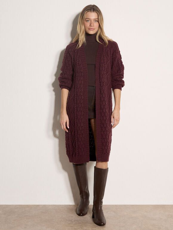 Chunky Cable Knit Longline Cardigan, Plum, large