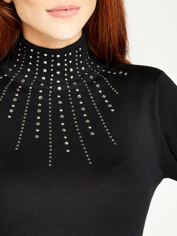 Black Gem And Studs Mock Neck Jumper, Black, large