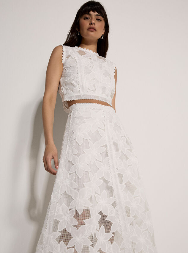 Floral Mesh Lace Midi Skirt, White, large