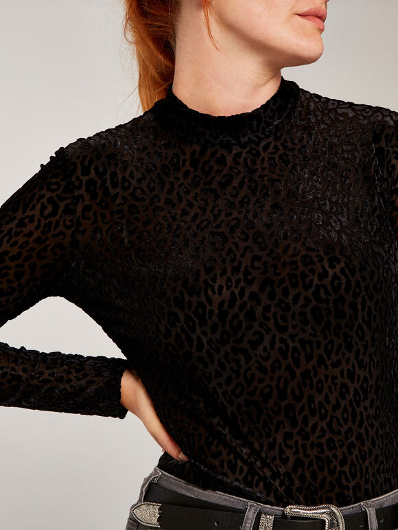 Leopard Devore Mock Neck Top, Black, large