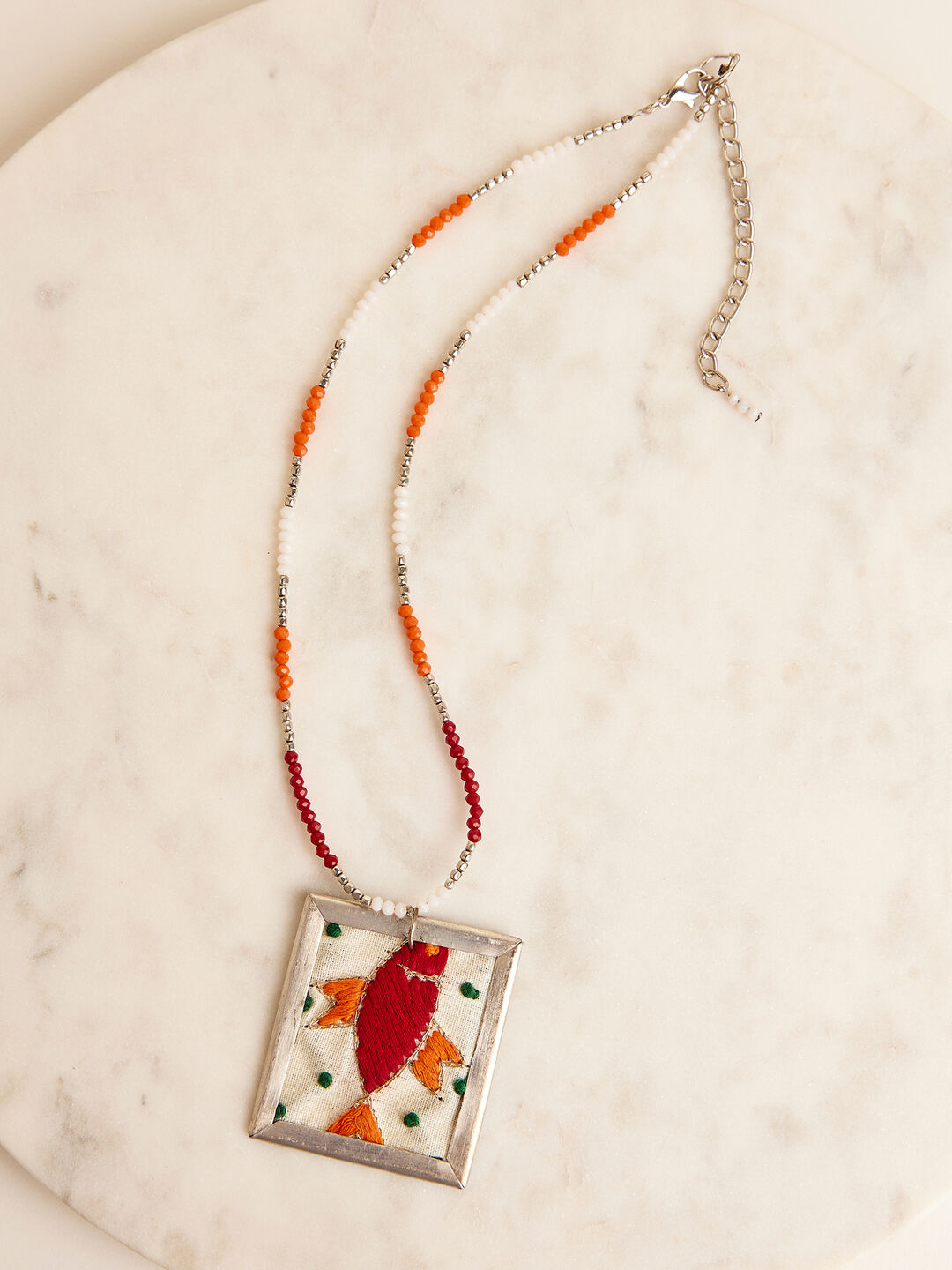 Image of Silver Tone Embroidered Fish Beaded Necklace