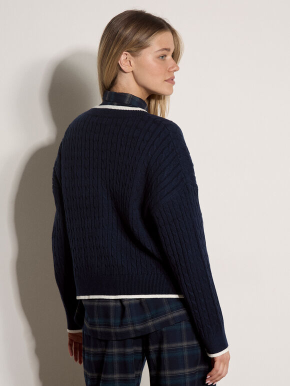 Cable Knit Tipped Cricket Jumper, Navy, large