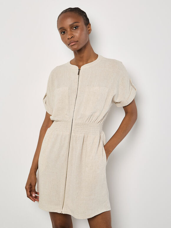 Linen Mix Utility Mini Dress, Cream, large