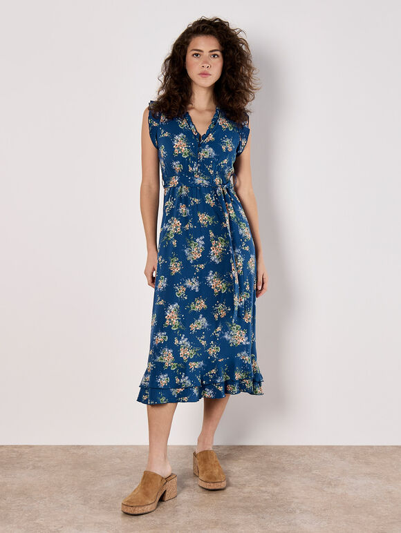 Ditsy Floral Print Midi Dress, Blue, large