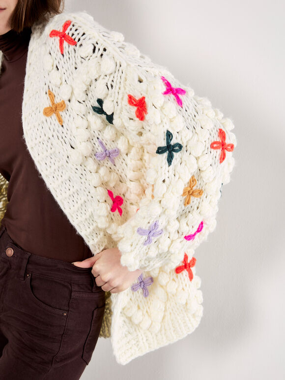 Chunky Knit 3D Flower Cardigan, Cream, large