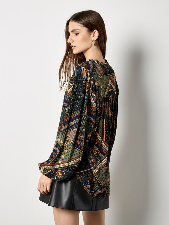 Patchwork Print Ruffle Blouse, Green, large