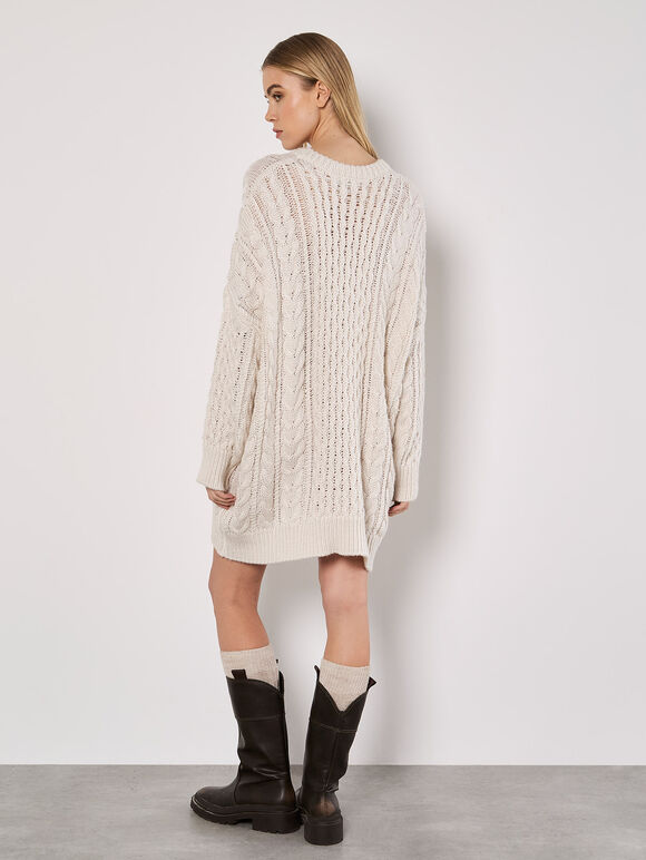 Oversized Cable Knit Jumper Mini Dress, Cream, large