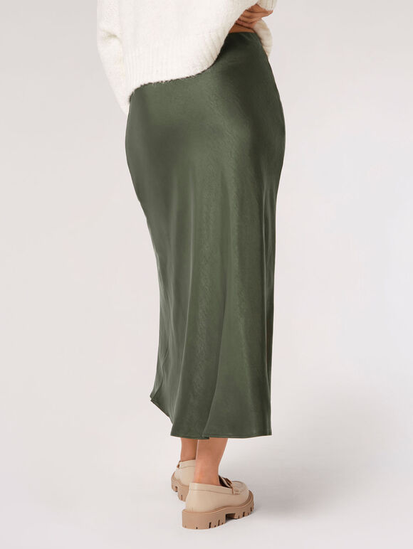 Satin Bias Midi Skirt, Khaki, large