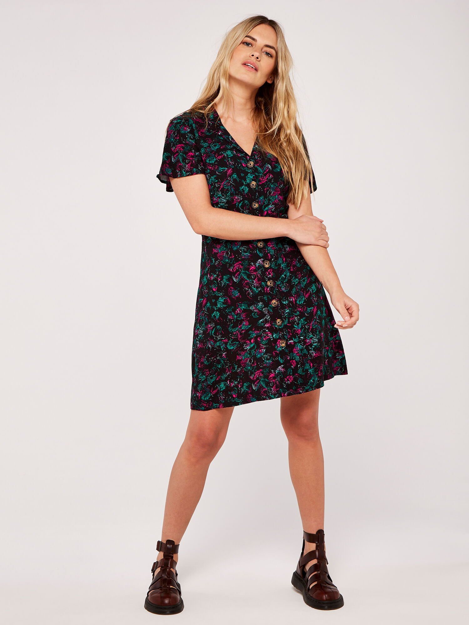 Abstract Print Button Dress Apricot Clothing
