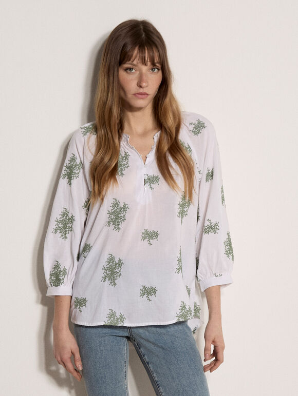 Embroidered Floral Blouse, Green, large