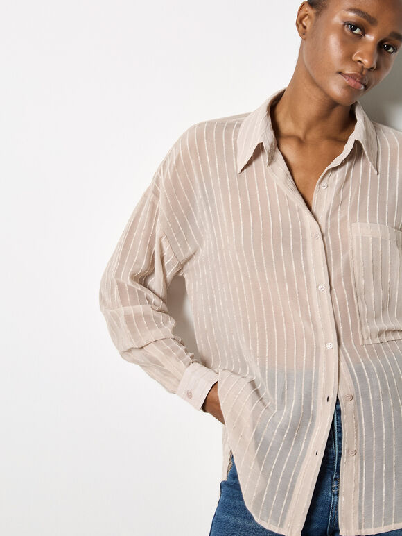 Chenille Stripe Semi-Sheer Shirt, Stone, large
