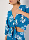 Tropical Leaf Tie Hem Crop Top, Blue, large