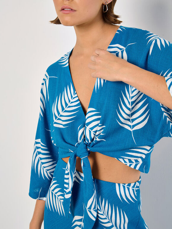 Tropical Leaf Tie Hem Crop Top, Blue, large
