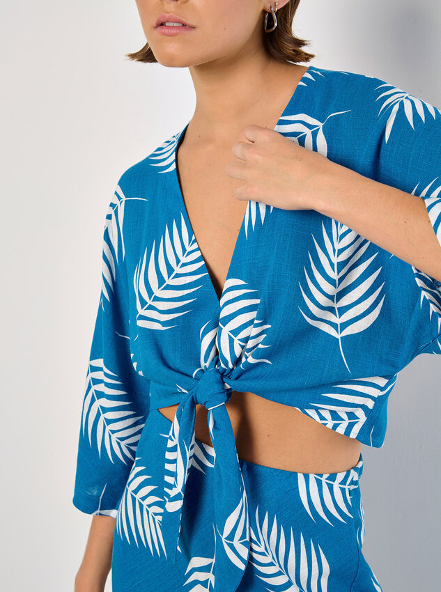 Tropical Leaf Tie Hem Crop Top, Blue, large