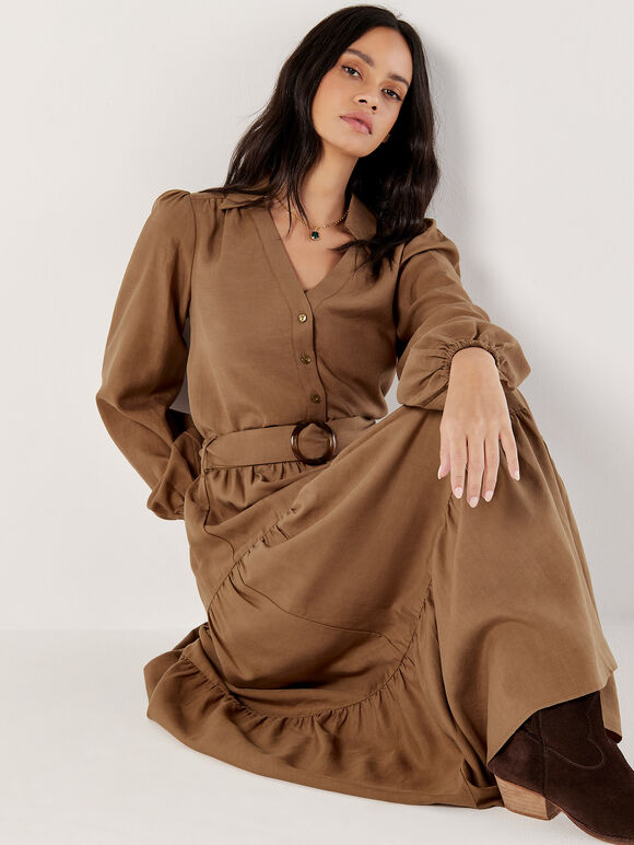 Belted Tiered Maxi Skirt, Brown, large