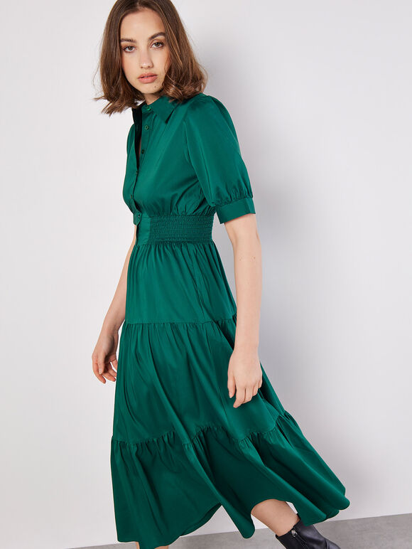 Smocked Waist Shirt Midaxi Dress, Green, large