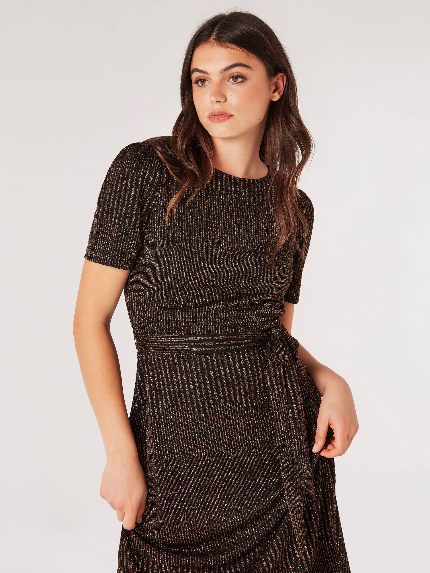Ribbed Lurex Midi Dress Apricot Clothing