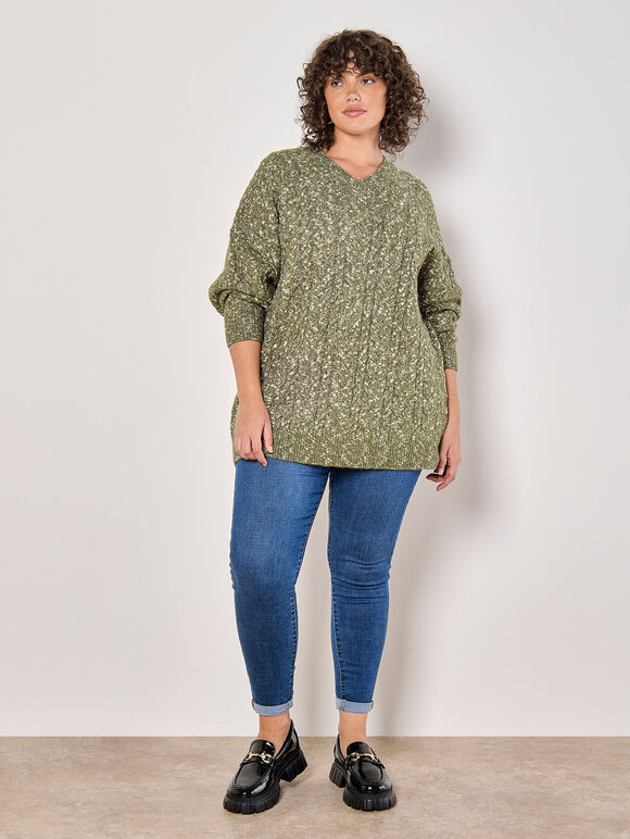 Curve Cable Knit Flecked Jumper, Khaki, large